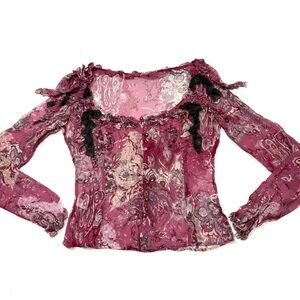 Stefanel VTG Y2K Silk Sheer Paisley Blouse Lace Trim Pearl Romantic Whimsical S